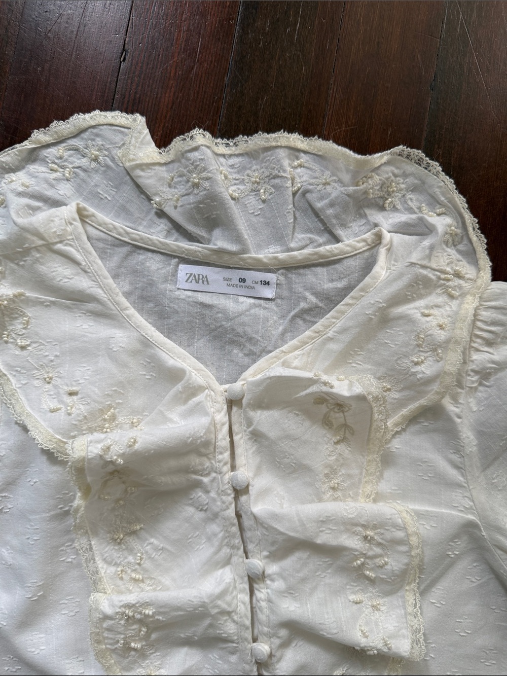 Zara Cream Embroidered Ruffle Front Blouse